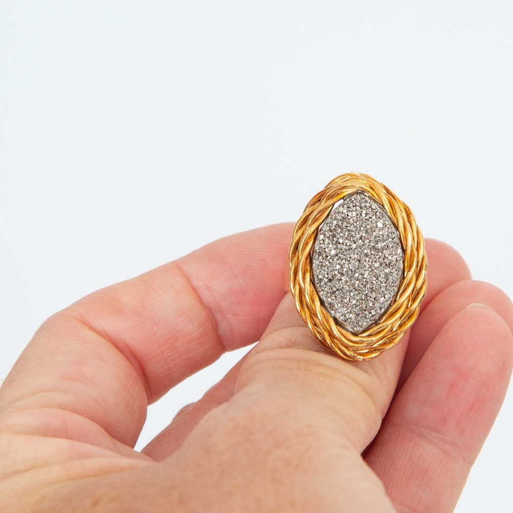 2 tone 14Kt Italy statement ring platinum druzy quartz luxury Vicenza Gold 10